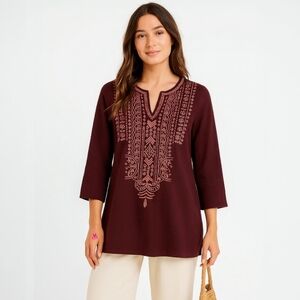 Pure Jill Embroidered Tunic - Burgundy - Boho Folk - Cottagecore - Festival - SP